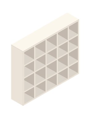 Modern ahşap raf. Isometric tarzı mobilyalar. Beyaz renkli boş ofis dolabı. Vektör illüstrasyonu beyaz arkaplanda izole edildi.