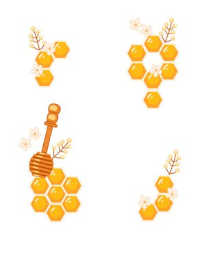 Bal altıgenli bal peteği aranjmanı. Tatlı sarı kartpostal tasarımı. Modern dekoratif çerçeveler. Vektör illüstrasyonu beyaz arkaplanda izole edildi.