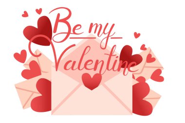 Sevgilim Ol 'lu yatay afiş. İçinde kalp olan bir mektup, kırmızı kalpler uçuşuyor. Tebrik kartı tasarımı. Vektör illüstrasyonu beyaz arkaplanda izole edildi.