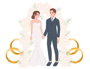 Düğün çifti. Beyaz elbiseli gelin ve mavi takım elbiseli damat el ele tutuşuyorlar. Altın yüzükler ve çiçek kavisli düğün töreni. Çizgi film karakterleri tasarımı. Vektör illüstrasyonu.