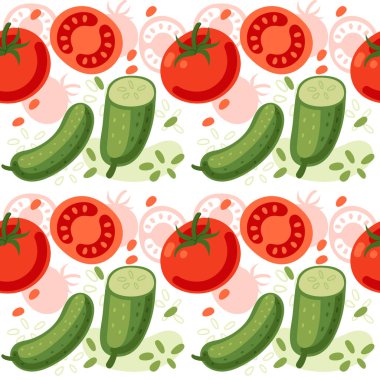 Kusursuz domates ve salatalık deseni. Soyut tekrarlanabilir duvar kağıdı. Olgun ve taze sebzeler. Beyaz arkaplanda vektör illüstrasyonu.