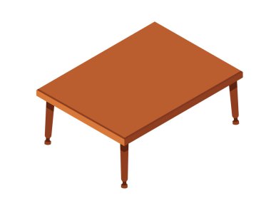 Isometric ahşap sehpa. Koyu kahverengi ahşap yüzey, basit şekilli masa. Vektör illüstrasyonu beyaz arkaplanda izole edildi.