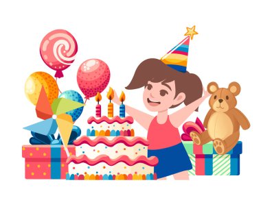 Hediyeler, balonlar ve büyük bir pastayla çevrili bir kızın doğum günü partisi sahnesi. Çizgi film karakteri tasarımı. Vektör illüstrasyonu beyaz arkaplanda izole edildi.