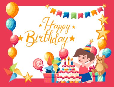 Hediyeler, balonlar ve büyük bir pastayla çevrili bir kızın doğum günü partisi sahnesi. Çizgi film karakteri tasarımı. Vektör illüstrasyonu.