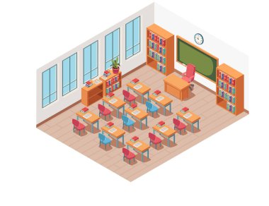 Sandalyeli, karatahtalı ve kitaplıklı düzgün sıralı, okul ortamlarını veya eğitim temalarını resmetmek için ideal, parlak izometrik sınıf içi. Vektör illüstrasyonu.
