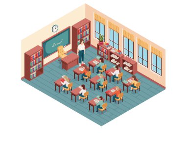 Masaları, sandalyeleri ve karatahtası olan detaylı izometrik sınıf. Çizgi film karakterleri tasarımı. Masalarda oturan yetişkin öğretmenler ve öğrencilerle ders verme süreci. Vektör illüstrasyonu.