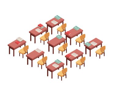 Okul sıralarının şebeke düzeninde düzenlenmesi, basit bir sınıf ortamı yaratıyor. Eğitici temaları resmetmek için ideal. Vektör illüstrasyonu beyaz arkaplanda izole edildi.