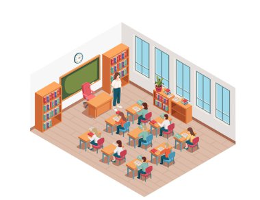 Masaları, sandalyeleri ve karatahtası olan detaylı izometrik sınıf. Çizgi film karakterleri tasarımı. Masalarda oturan yetişkin öğretmenler ve öğrencilerle ders verme süreci. Vektör illüstrasyonu.