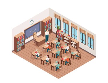 Masaları, sandalyeleri ve karatahtası olan detaylı izometrik sınıf. Çizgi film karakterleri tasarımı. Masalarda oturan yetişkin öğretmenler ve öğrencilerle ders verme süreci. Vektör illüstrasyonu.