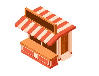 Kırmızı-beyaz çizgili tenteli ve vitrinli Isometric market tezgahı. Levhası olan boş bir mağaza. Vektör illüstrasyonu beyaz arkaplanda izole edildi.