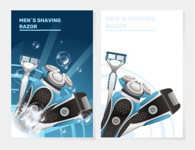 Erkeklerin tıraş jiletleri için reklam tasarımı. Temiz mavi ve beyaz bir düzende modern elektrikli tıraş bıçakları. Ürünleri yetiştirmek için promosyon materyalleri için ideal. Vektör illüstrasyonu.