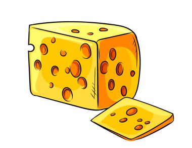 Delikli sarı peynir dilimi. El çizimi renkli çizim tarzı. Yiyecek ambalajı, restoran menüleri ya da mutfak temalı tasarımlar. Detaylı ve iştah açıcı. Vektör illüstrasyonu.