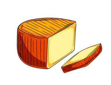 Bir parça sarı Gouda peyniri dilimi. El çizimi renkli çizim tarzı. Yiyecek ambalajı, restoran menüleri ya da mutfak temalı tasarımlar. Detaylı ve iştah açıcı. Vektör illüstrasyonu