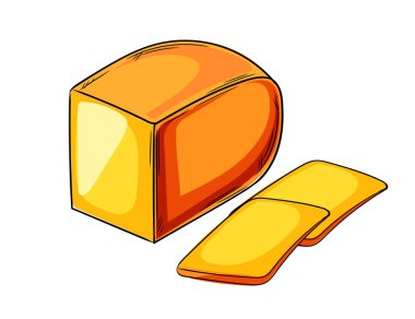 Bir parça sarı peynir, bütün ve dilimlenmiş parçalar. El çizimi renkli çizim tarzı. Yiyecek ambalajı, restoran menüleri ya da mutfak temalı tasarımlar. Detaylı ve iştah açıcı. Vektör illüstrasyonu.