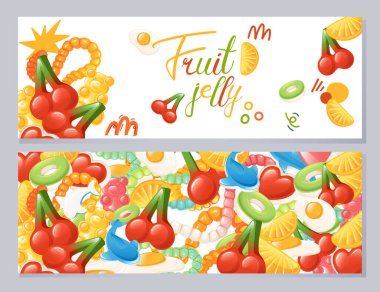 Meyve reçelli renkli poster. Tatlı yiyecekli yatay tasarım pankartı. Gıda ambalajı ya da promosyon malzemeleri için ideal. Vektör illüstrasyonu.