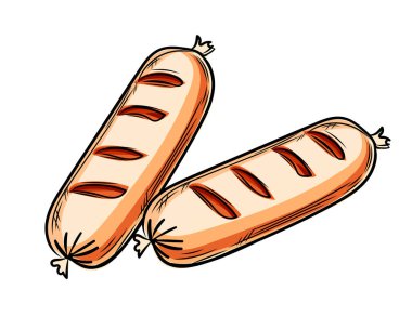 Izgara sosis, lezzetli BBS yemeği. Kızarmış et yemeği. Vektör illüstrasyonu beyaz arkaplanda izole edildi.