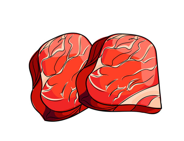 Two raw pieces of meat. Sliced steak with marbling. Chopped gourmet dish. Vector illustration isolated on white background.