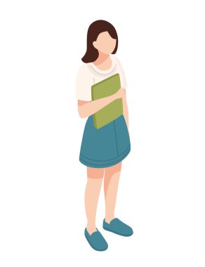 Ayakta duran, elinde kitap ya da klasör tutan, öğrenmeyi, hazırlanmayı ya da sıradan işleri sembolize eden itici bir kadın. Eğitim, organizasyon ve işyeri temaları için uygun. Vektör illüstrasyonu.