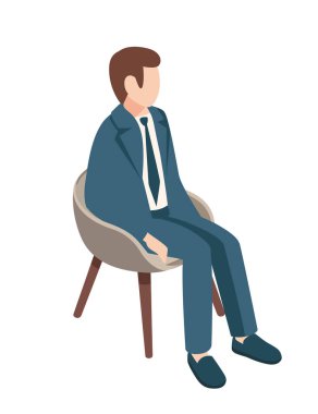 Modern bir koltukta oturan takım elbiseli Isome 'lı adam profesyonellik ve güven taşıyor. Ticari, kurumsal ve idari görseller için ideal. Vektör illüstrasyonu.