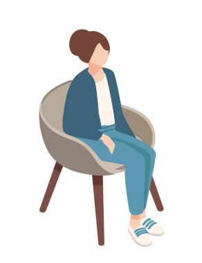 Modern bir sandalyeye oturmuş, rahat ve konuşkan bir duruşu olan Isome 'lı bir kadın. Gayri resmi tartışmaları ya da rahat çalışma alanı görsellerini temsil etmek için ideal. Vektör illüstrasyonu.