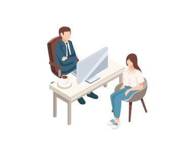 Özel bir ofiste iki kişi arasında yapılan, iletişimi, röportajları ve kurumsal çevreyi temsil eden tartışmalar. İş, insan kaynakları ve danışmanlık için ideal. Vektör illüstrasyonu.