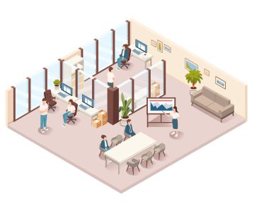 Açık bir alanda çalışan birden fazla çalışanı olan Isometric işbirlikçi ofis alanı. Takım çalışması, verimlilik ve modern çalışma alanı tasarımı. İş ve takım çalışması Vektör illüstrasyonu için ideal.