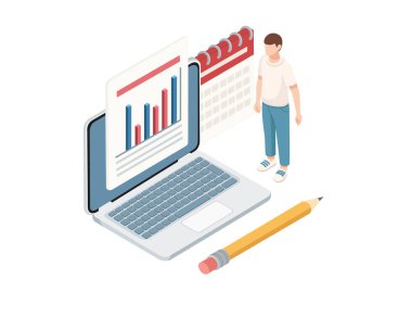 Dizüstü bilgisayarı, takvimi ve kurşun kalemi olan Isometric tarzı dijital çalışma alanı. Planlama, veri analizi ve verimlilik. Ticari ve eğitici konular için uygun. Vektör illüstrasyonu.