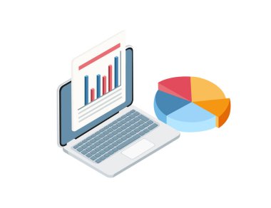 Pasta grafiği ve veri grafiği olan Isometric tarzı açık dizüstü bilgisayar, veri analizi, iş raporlaması ve dijital çalışmaları temsil ediyor. Finans, iş ve teknoloji için uygun. Vektör illüstrasyonu.