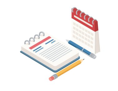 Not defteri, takvim, kalem ve kalem gibi, organizasyonu, planlamayı ve üretkenliği sembolize eden Isometric tarzı kırtasiye ürünleri. Eğitim, ofis ve planlama için ideal. Vektör illüstrasyonu.