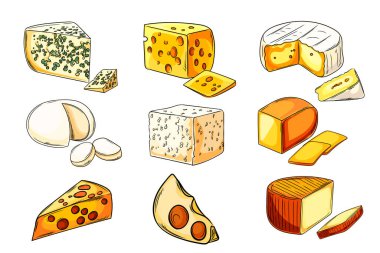 Peynir, peynir, peynir, çedar ve İsviçre peynirleri, süt ürünlerini, mutfak sanatlarını ve gurme gıdaları temsil eden çeşitli peynir çeşitleri. Yemek, yemek tarifi ve mutfak teması için ideal. Vektör illüstrasyonu.