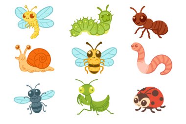 Tırtıllar, arılar, salyangozlar ve uğur böcekleri içeren, biyolojik çeşitliliği ve doğa güzelliğini sembolize eden sevimli böcek koleksiyonu. Eğitim, çevre ve doğa temalı tasarımlar için uygundur..