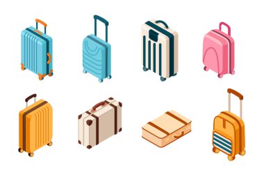 Çeşitli renk ve tasarımlarda seyahat çantaları ve çantalarının koleksiyonu. Isometric tarzı. Seyahat, turizm ve tatil temaları için uygun. Vektör illüstrasyonu.