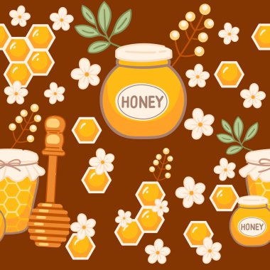 Kahverengi arka planda bal kavanozları, bal petekleri ve çiçek unsurlarıyla kusursuz desen, organik ve zanaat temalarını sembolize ediyor. Paketleme, markalaşma ve doğal ürünler için harika. Vektör.
