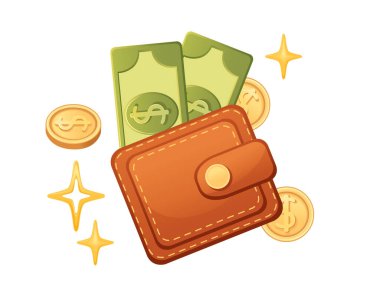 Deri cüzdan dolar banknotlarıyla dolu ve para ve parıltılarla çevrili, zenginliği, harcamayı ve bütçeyi sembolize ediyor. Finans, bankacılık ve yaşam tarzı görselleri için mükemmel. Vektör illüstrasyonu.