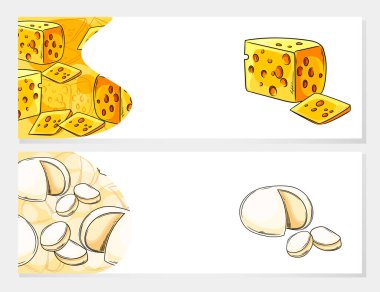 Peynir ve çedar gibi çeşitli peynir tipleri merkezi boş alan ile düzenlenerek markalaşma ve reklam için renkli peynir temalı bir çerçeve oluşturulmuştur. Vektör illüstrasyonu.