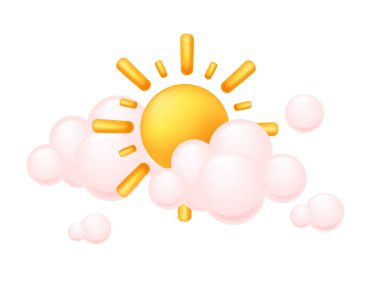 Yumuşak pembe bulutlardan yükselen parlak güneş sıcaklığı ve iyimserliği iletiyor. Sabah temaları, hava ikonları ya da güneşli gün çizimleri için mükemmel. Vektör illüstrasyonu.