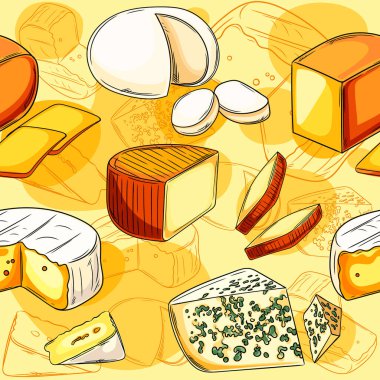 Renkli bir el, parlak sarı arka planda peynir, peynir, çedar ve mavi peynir gibi pürüzsüz bir desen çizdi. Gıda ambalajı ya da restoran tasarımları için ideal. Vektör illüstrasyonu.