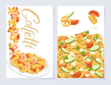 Ready for eat dish italian pasta creste di galli cuisine staples with shrimp and tomatoes vector illustration on white background. Greetings card or web banner design. Perfect theme for menu. clipart