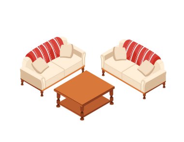 İki kanepesi ve sehpası olan Isometric oturma odası. Mobilya reklamları, ev dekorasyonu görselleri ya da emlak pazarlaması için ideal. Vektör illüstrasyonu beyaz arkaplanda izole edildi.