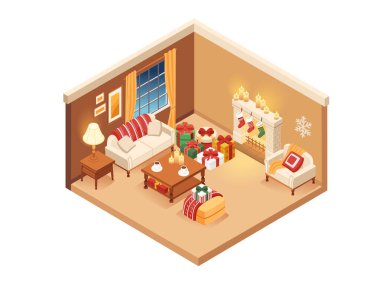 Noel tarzı dekore edilmiş, rahat mobilyaları ve hediyeleri olan Isometric şenlik salonu. Tatil terfileri, tebrik kartları ya da mevsimlik tasarımlar için mükemmel. Vektör illüstrasyonu.