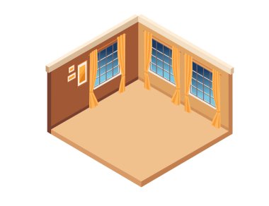 Pencereleri ve bej duvarları olan boş oturma odası düzeni. Gayrimenkul, mimari planlar ya da özelleştirilebilir iç tasarım görselleri için mükemmel. Vektör illüstrasyonu.