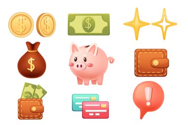 Finans 3 boyutlu simge simgelerini ayarla. Cüzdan, kredi kartı, kumbara, bozuk para ve dolar. Ödeme elemanı koleksiyonu. Vektör illüstrasyonu beyaz arkaplanda izole edildi.