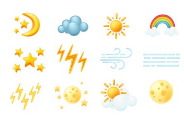 Bir dizi karikatür 3D hava durumu ikonu. Güneş ışığı, yağmur, sis, rüzgar, gökkuşağı ve şimşek. Modern hacim koleksiyonu. Vektör illüstrasyonu beyaz arkaplanda izole edildi.
