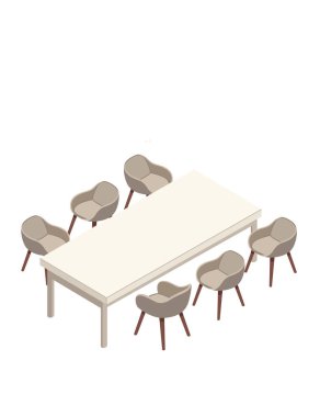Modern sandalyelerle çevrili Isometric toplantı masası. Takım çalışması, kurumsal toplantılar, beyin fırtınası seansları ya da ortak çalışma alanı için mükemmel. Vektör illüstrasyonu beyazda izole edildi.