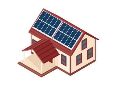 Çatıda güneş panelleri olan Isometric modern ev. Yenilenebilir enerji, eko-yaşam kavramları, sürdürülebilir mimari veya yeşil teknoloji için idealdir. Vektör illüstrasyonu beyaz arkaplanda izole edildi.