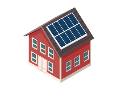 Çatıda güneş panelleri olan Isometric modern ev. Yenilenebilir enerji, eko-yaşam kavramları, sürdürülebilir mimari veya yeşil teknoloji için idealdir. Vektör illüstrasyonu beyaz arkaplanda izole edildi.