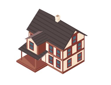 Siyah gable çatısı, bacası ve verandası olan Isometric banliyö evi. Konut kavramları ve emlak reklamları için mükemmel. Vektör illüstrasyonu beyaz arkaplanda izole edildi.