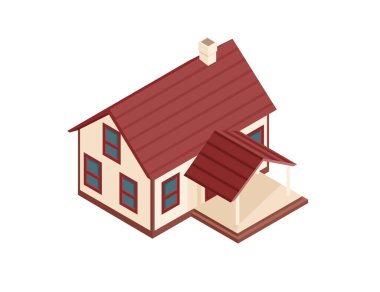 Kırmızı gable çatısı, bacası ve verandası olan Isometric banliyö evi. Konut kavramları ve emlak reklamları için mükemmel. Vektör illüstrasyonu beyaz arkaplanda izole edildi.