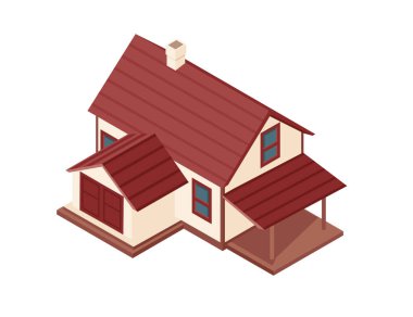 Kırmızı gable çatısı, bacası ve iki verandası olan Isometric banliyö evi. Konut kavramları ve emlak reklamları için mükemmel. Vektör illüstrasyonu beyaz arkaplanda izole edildi.