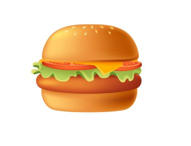 Et, domates, peynir ve marullu karikatür 3D tarzı burger. Lezzetli çörek. Fast food yemeği. Vektör illüstrasyonu beyaz arkaplanda izole edildi.